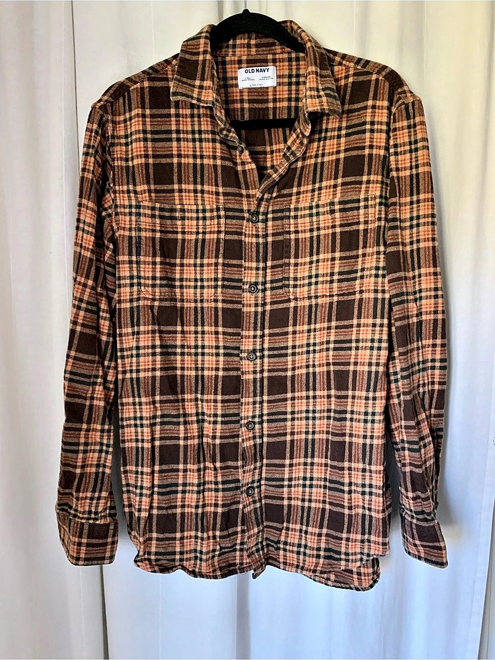 Men’s Old Navy Double-Brushed Plaid Flannel Shirt Brown & Orange Large